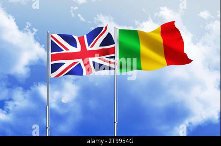 Mali, drapeaux britanniques ensemble agitant contre le ciel bleu Banque D'Images