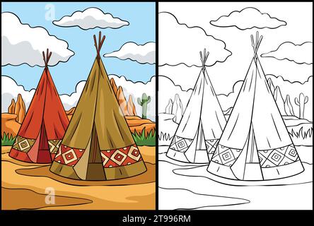 Illustration de coloriage de Tepee indien autochtone Illustration de Vecteur