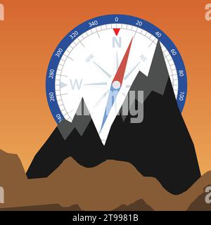 Sommets de montagne avec boussole, aventure en plein air Illustration de Vecteur