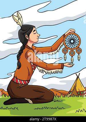 Native American Indian Girl Dreamcatcher coloré Illustration de Vecteur