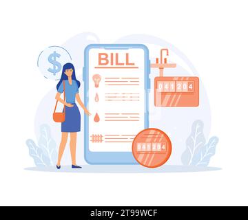 Services aux ménages. Factures de services publics dans l'application smartphone. Paiements réguliers comme gaz, eau, électricité, chauffage. illustration moderne vectorielle plate Illustration de Vecteur