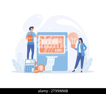 Les personnages masculins et féminins payent les services publics ensemble, concept de facture et compteur d'électricité. illustration moderne vectorielle plate Illustration de Vecteur