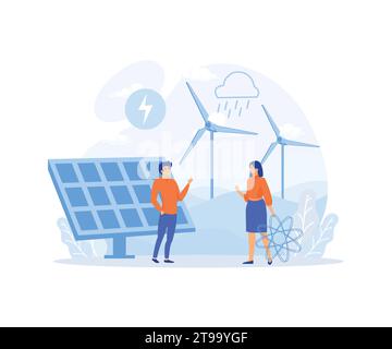 Les gens utilisant la technologie de l'avenir écologique, les sources d'énergie renouvelables, les personnages homme femme debout près des éoliennes, les panneaux solaires. vecteur plat moderne illus Illustration de Vecteur