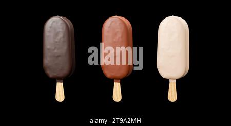 bâton de chocolat de crème glacée. trois types de crème glacée chocolat escimo isolé sur noir. Glace glacée au chocolat sur bâton. Crème glacée couverte de noir, mi Banque D'Images