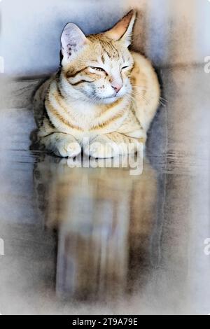 Chat gingembre au repos, avec son image reflétée sur le sol poli. Banque D'Images