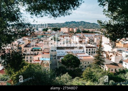 Une vue aérienne de l'horizon animé de Malaga ville en Andalousie, Espagne. Banque D'Images