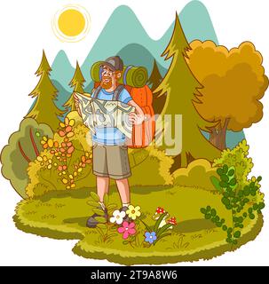 Homme avec sac à dos personne isolée. Voyageur masculin en vêtements touristiques est engagé dans la randonnée, l'alpinisme, voyage de randonnée, expédition. Sport, Lifestyy Illustration de Vecteur