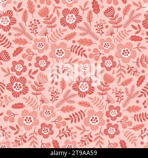 Motif sans couture d'entrelacement de fleurs stylisées et de branches roses doodle sur fond rose clair Illustration de Vecteur