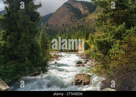 Ruisseau jaillissant coulant dans une vallée dans une chaîne de montagnes au Kirghizistan, Banque D'Images