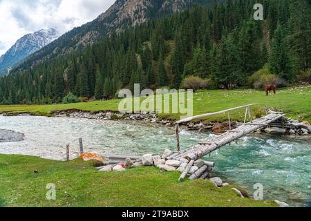 Ruisseau jaillissant coulant dans une vallée dans une chaîne de montagnes au Kirghizistan, Banque D'Images