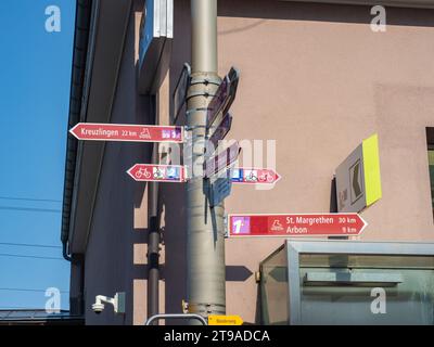 Romanshorn, Suisse - 29 mai 2023 : panneaux pour les pistes touristiques de cyclisme et de patinage à la gare Banque D'Images