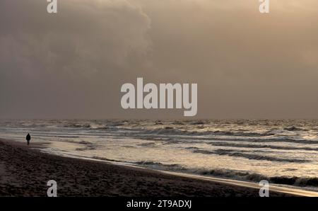 Promeneur solitaire sur la plage au coucher du soleil, atmosphérique, Wenningstedt, Mer du Nord île Sylt, Frise du Nord, Schleswig-Holstein, Allemagne Banque D'Images