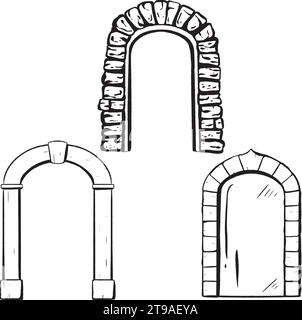 Définir. Vecteur dessiné à la main à l'encre. Bois. Porte vitrée ornée d'une arche en pierre. Entrée dans une boutique ou un restaurant. Elément extérieur antique. Entrée fermée Illustration de Vecteur