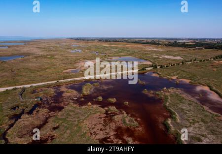 Image de drone, Parc National du Lac Neusiedl, Illmitz, Lac Neusiedl, Seewinkel, Burgenland, Autriche Banque D'Images