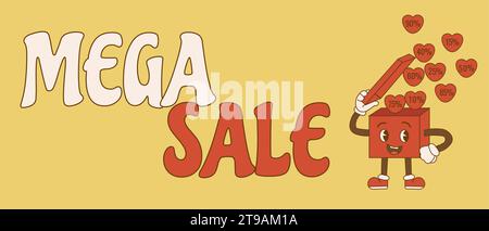 Boîte cadeau dans un style rétro tendance. Méga vente. Groovy hippie esthétique des années 70. Style rétro. Illustration vectorielle Illustration de Vecteur