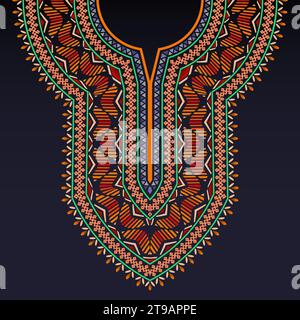 Motif de décolleté symétrique pour chemise dashiki avec des motifs celtiques et des formes géométriques colorées sur le fond bleu foncé Illustration de Vecteur