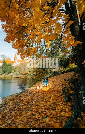 Garçon avec chien corgi en automne dans le parc du château de Pruhonice Banque D'Images