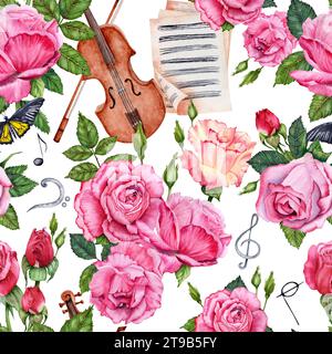 Modèle sans couture avec roses roses et rouges, violon avec un arc, pages de partition et bouteille de parfum. Illustration aquarelle dessinée à la main isolée Banque D'Images