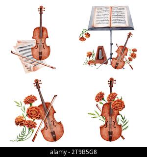 Violon, instrument à cordes, métronome, pupitre à musique, partition, fleurs de marigold. Collection de compositions dessinées à la main de musique classique. Eau Banque D'Images