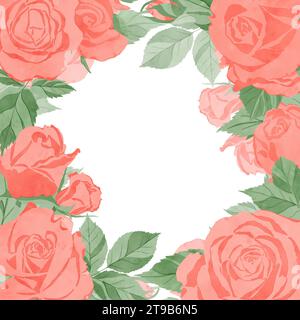 Un cadre avec des fleurs, des roses roses et des feuilles vertes isolé sur un fond blanc Banque D'Images