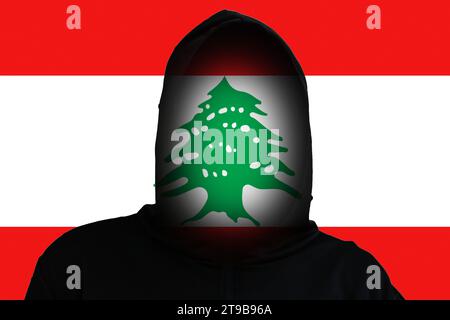 Drapeau du Liban sur le fond de silhouette homme. Guerre ou manifestations au Liban, Beyrouth. Concept de terrorisme Banque D'Images