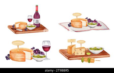 Fromage, bol d'olives vertes, brochettes de nourriture, vin rouge et raisins sur planche de bois. Illustration aquarelle isolée sur fond blanc. Étiquettes vides Banque D'Images