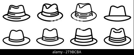 Icône chapeau Fedora. Collection de dessins au trait de divers chapeaux fedora. Icônes noires des chapeaux classiques masculins. Illustration vectorielle Illustration de Vecteur