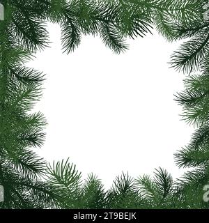 Carte de joyeux noël avec texte et cadre carré d'arbre de noël, illustration vectorielle. Branches de sapin réalistes, esquisse isolée sur blanc. Noël Illustration de Vecteur