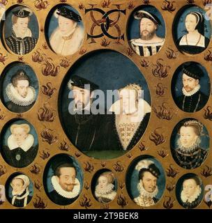 Henri II de Valois et Caterina de Médicis, entourés de membres de leur famille - par François Clouet Banque D'Images