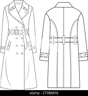 Conception vectorielle de trench-coat croisé pour femmes, manteau long pour femmes, illustration vectorielle, dessin technique plat. Illustration de Vecteur