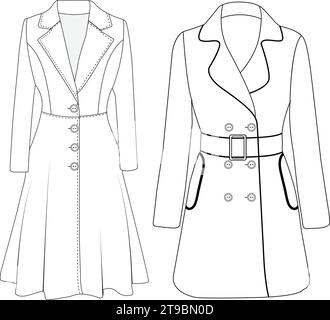 Conception vectorielle de trench-coat croisé pour femmes, manteau long pour femmes, illustration vectorielle, dessin technique plat. Illustration de Vecteur