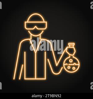 Icône néon scientifique ou assistant de laboratoire. Chimiste dans des lunettes de sécurité avec flacon de laboratoire à la main. Illustration vectorielle Illustration de Vecteur