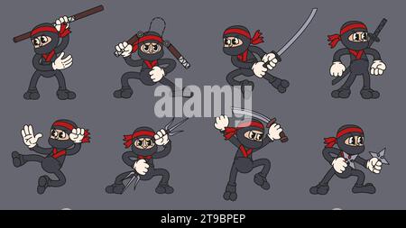 Mascotte de ninja de dessin animé. Mignon guerrier asiatique dans les poses de combat avec l'épée de katana, nunchucks, shuriken et sai illustration vectorielle set Illustration de Vecteur