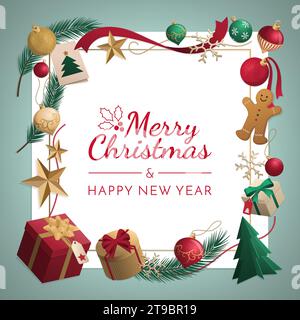 Carte de Noël de vacances avec cadre composé d'ornements et de cadeaux, espace de copie vierge Illustration de Vecteur