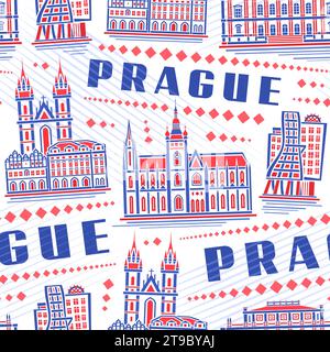 Vector Prague Seamless Pattern, fond carré répétitif avec illustration du célèbre paysage de la ville médiévale de prague sur fond blanc, lin décoratif Illustration de Vecteur