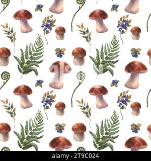 Champignons boletus comestibles de la forêt avec bleuets, airelles, brindilles, fougères. Illustration à l'aquarelle, dessinée à la main. Motif sans couture sur un backgro blanc Banque D'Images