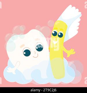 Dent drôle et brosse à dents dans des bulles de dentifrice. La dent est heureuse et souriante. Soins et santé des dents des enfants. Illustration de Vecteur