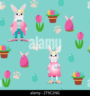 Modèle sans couture lapins de Pâques dans des vêtements et un œuf décoratif avec des oreilles et un pot décoratif tulipe et empreinte de lapin sur un fond turquoise. Illustration de Vecteur