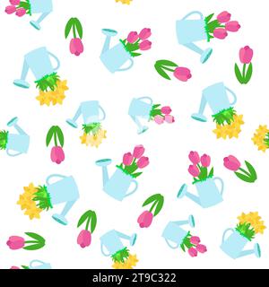 Tulipes à motif ressort sans couture dans des arrosoirs. Ornement pour textiles, emballage, conception de fond dans le style de bande dessinée. Illustration de Vecteur