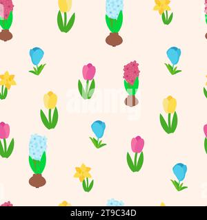 Motif sans fin sans couture de tulipes roses et jaunes, crocus bleus, jonquilles et jacinthes sur un fond rose. Illustration de style dessin animé plat pour t Illustration de Vecteur