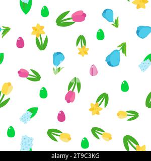 Tulipes jaunes et roses, jonquilles et crocus à motif ressort sans couture. Ornement de Pâques pour textiles, emballage, conception de fond dans le style de bande dessinée. Illustration de Vecteur