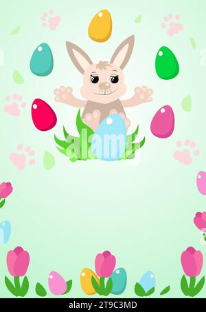 Publicité bannière de pâques heureux lapin souriant assis dans l'herbe avec des œufs décoratifs autour. La tradition du chasseur d'oeufs. Placer pour le texte. Illustration de Vecteur