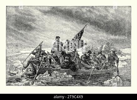 Une vieille gravure de la traversée secrète du général George Washington dans de petits bateaux de la rivière Delaware glacée, comté de Mercer, Pennsylvanie, États-Unis dans la nuit du 25 1776 décembre. Il est tiré d'un livre d'histoire américain de 1895. Il a eu lieu pendant la guerre d'indépendance américaine, et était une attaque surprise organisée par Washington, le commandant en chef de l'armée continentale, contre la garnison de Trenton, New Jersey qui étaient des mercenaires allemands (Hessiens) embauchés par les Britanniques. Après la traversée, les troupes de Washington attaquèrent avec succès les Hessiens lors de la bataille de Trenton le 26 1776 décembre. Banque D'Images