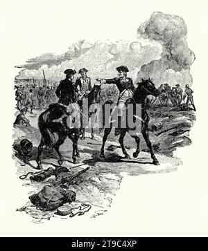 Une vieille gravure montrant le général George Washington mécontent du major général Charles Lee lors de la bataille de Monmouth à Freehold, New Jersey, États-Unis, le 28 1778 juin. Il a été combattu pendant la guerre d'indépendance américaine contre les Britanniques. Washington détache des troupes sous le commandement du major-général Charles Lee. Cependant, la décision de Lee de battre en retraite ne concordait pas bien avec Washington. Washington a déclaré qu'il lancerait une enquête officielle sur la conduite de Lee. La réponse de Lee exigeant une cour martiale est jugée insolente et Washington ordonne son arrestation. Banque D'Images