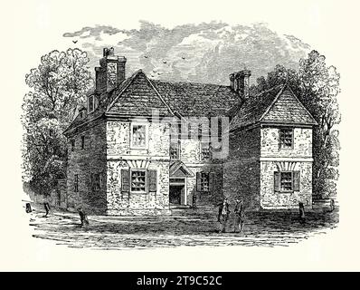 Une ancienne gravure de la Slate Roof House, la maison coloniale de William Penn, un manoir qui se trouvait sur la 2e rue au nord de Walnut Street à Philadelphie, Pennsylvanie, États-Unis d'environ 1687 jusqu'à sa démolition en 1867. Il est tiré d'un livre d'histoire américain de 1895. La maison était remarquable pour son toit en ardoise, qui était rare au début de Philadelphie. Pendant deux ans (1699-1701), William Penn loua la maison pour l'utiliser comme résidence urbaine. William Penn (1644-1718) était un écrivain anglais, penseur religieux et Quaker influent qui a fondé la province de Pennsylvanie pendant la période coloniale britannique. Banque D'Images