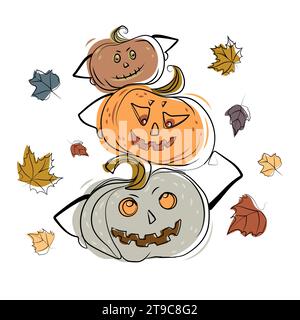 Halloween dessin de citrouilles colorées dans le style minimal de bande dessinée, dessin de ligne.Vector illustration.trois lanterne de citrouilles avec la découpe d'un St de sourire Illustration de Vecteur