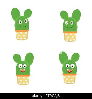 Mascotte de cactus mignon de dessin animé, personnages de cactus en pot sett, cactus drôles dans un pot de fleur avec différentes illustrations vectorielles d'émotions Illustration de Vecteur