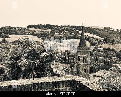 La tranquillité sacrée rencontre la splendeur naturelle : une tour d'église se dresse gracieusement, ornée d'un palmier oscillant au premier plan, tandis que majestueuses montagnes pro Banque D'Images