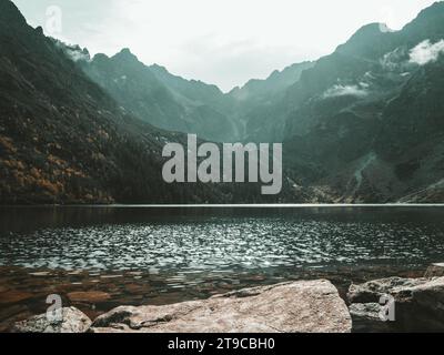 Symphonie de la nature : où la rivière murmure sur les pierres, peignant la tranquillité sur un majestueux fond de montagne. Banque D'Images