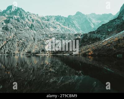 Là où les murmures de la rivière rencontrent l'étreinte inébranlable des montagnes, une symphonie sereine de la beauté de la nature se déploie parmi les pierres. Un léger brouillard est Banque D'Images